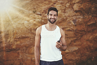 Buy stock photo Earphones, exercise and portrait of man with smile for fitness, training and podcast for cardio. Male person, earphones and face with happiness for audio, streaming or podcast for morning workout