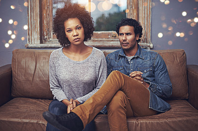 Buy stock photo Couple, couch and therapy fight for marriage problem or toxic cheating or dating break up, annoyed or divorce. Man, woman and unhappy stress on sofa with confession argument, counselling or angry