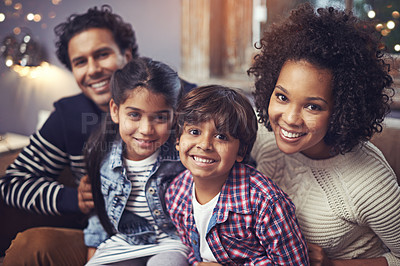 Buy stock photo Portrait, smile and family in lounge of home, parents and love for bonding in house. Daughter, father and mother on sofa for relax for Brazilian people, happy and together and quality time 