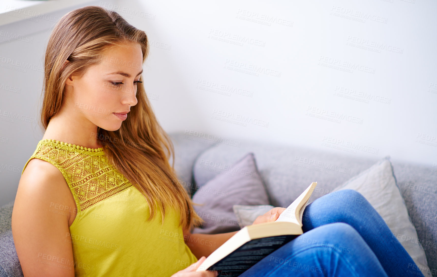 Buy stock photo Woman, smile and relax with book on sofa for reading, studying novel and learning of poetry. Weekend, home and female person with story for knowledge, fiction and literature hobby in living room