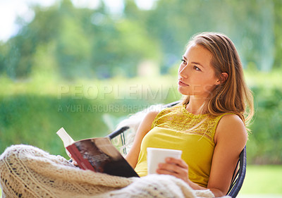 Buy stock photo Woman, reading book and thinking on chair with idea, story and literature or fantasy in home. Peace, learning and college student in apartment for studying, education and knowledge in countryside 