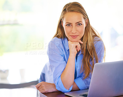 Buy stock photo Portrait, woman and laptop on desk for communication, email and business connection in home. Female person, confident and working remote with tech on table for online research or blog in house