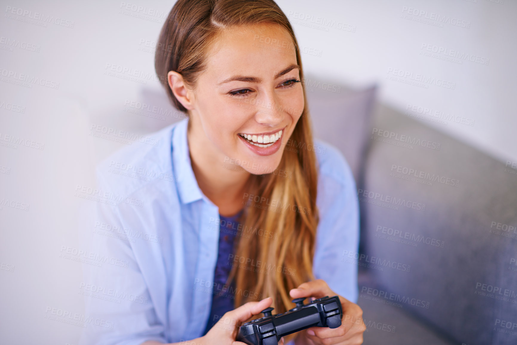 Buy stock photo Laugh, woman and play video game in home living room sofa to relax with tv on internet. Technology, controller or happy girl with console in lounge for funny online gamer entertainment on television