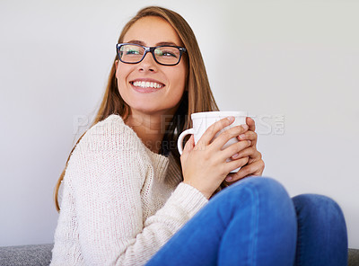 Buy stock photo Thinking, coffee and happiness of woman in home enjoying caffeine, espresso or cappuccino in living room. Smile, tea and female person with idea in lounge, drinking beverage and relax in house mockup