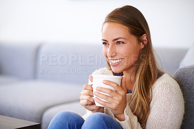 Buy stock photo Thinking, coffee and smile of woman in home enjoying caffeine, espresso or cappuccino in living room. Happiness, tea and female person with idea in lounge, drinking beverage and relax in house mockup