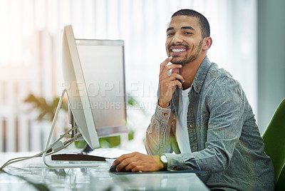 Buy stock photo Businessman, portrait and computer as graphic designer or online website, programming or software. Male person, face and creative copywriting at media agency or desktop for digital, research or skill