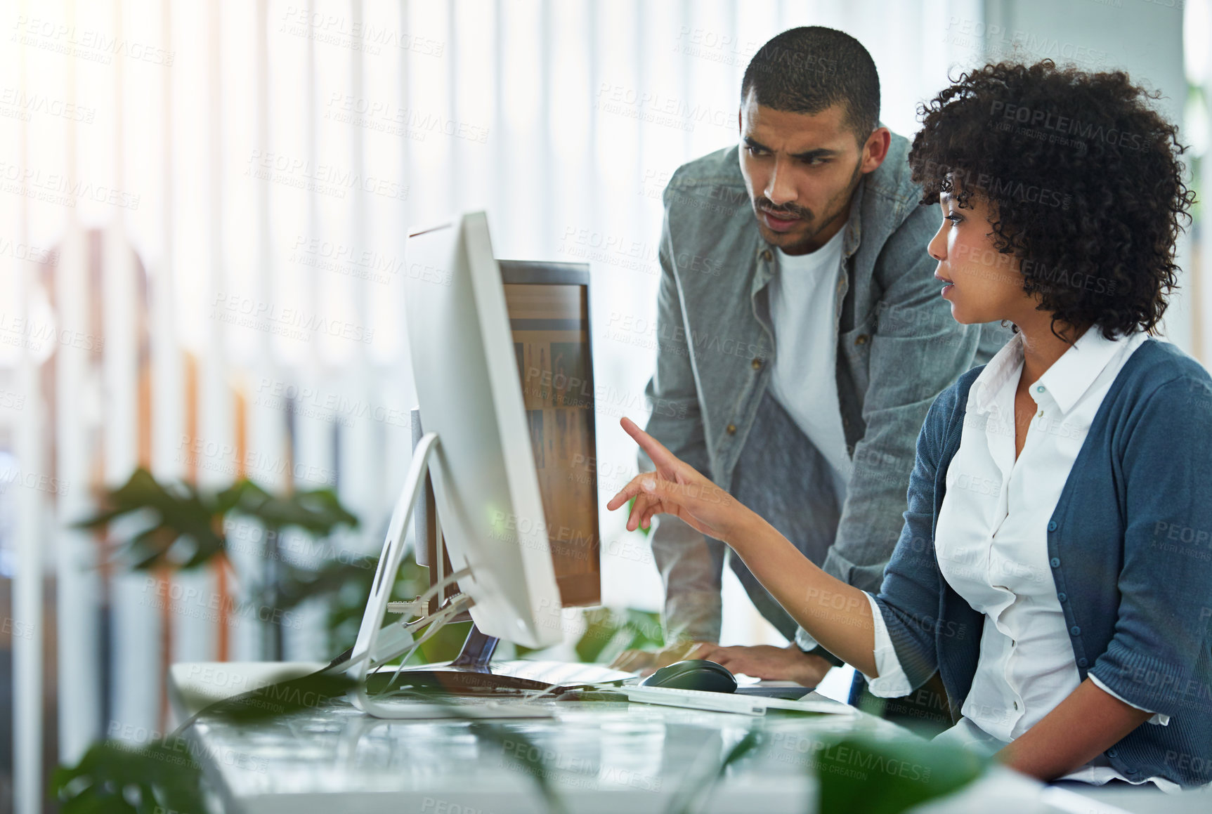 Buy stock photo Employee, office and computer for research with teamwork and collaboration as web developers. People, support and learning or help on skill, career and growth for website design and development