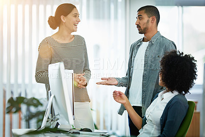 Buy stock photo Employee, office and smile with computer for teamwork and collaboration as web developers. People, lens flare and happy or pride on skill development or career growth for website design and chat