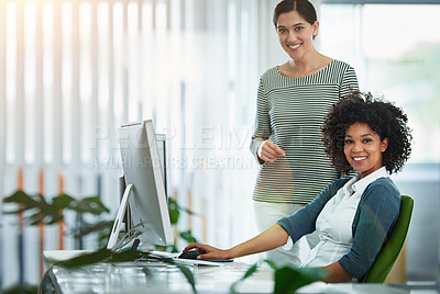 Buy stock photo Trainee, intern or new employee with her manager, supervisor or human resources manager in the office. Portrait of happy, smiling and ambitious business women and colleagues at a desk at work