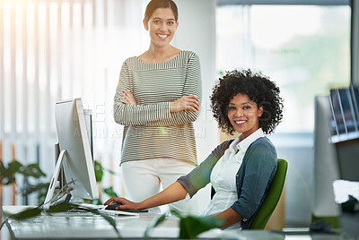 Buy stock photo Portrait of designers working together at a workstation in an office