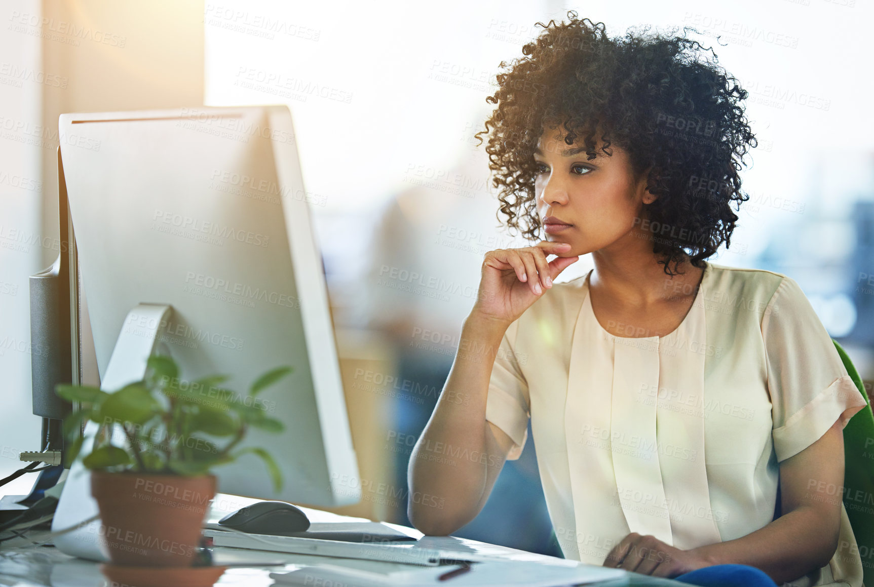 Buy stock photo Office, monitor and woman with reading at desk for digital email, communication and feedback. Employee, journalist and person with thinking by computer for editing, research and review of article