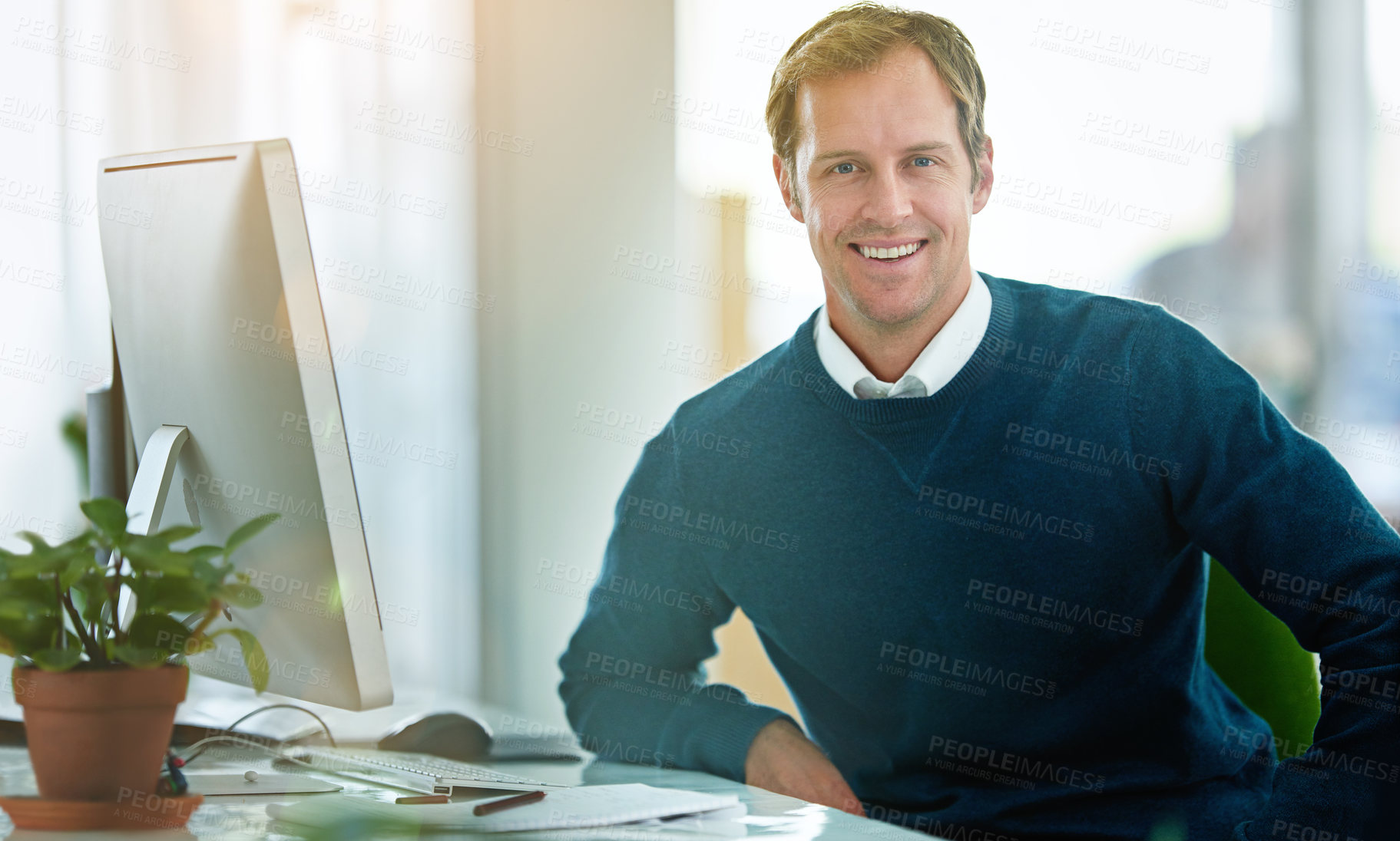 Buy stock photo Portrait, happy man or computer for web design for programming, software update or development. Smile, news and confident programmer working on problem solving, information and solution in agency