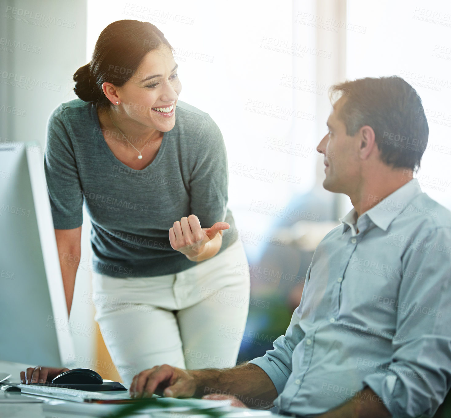 Buy stock photo Coworkers, desk and talking in office together, discuss work and professional business people and coaching for project. Employees, planning and conversation for collaboration, research and working