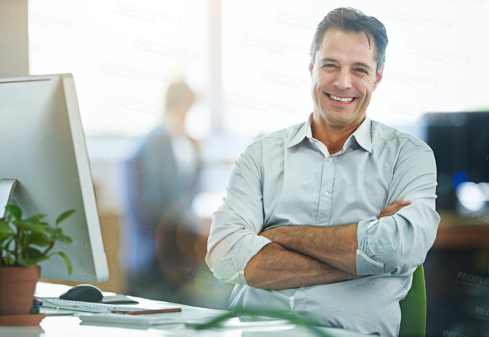 Buy stock photo Portrait, mature or happy man on computer with arms crossed for programming or development in business. Smile, manager and confident developer working on web design or solution in startup project