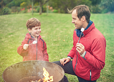 Buy stock photo Shot of a father and son roasting marshmallows over a fire
