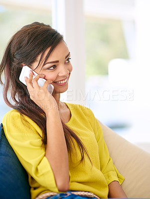 Buy stock photo Black woman, smartphone and phone call on sofa in house for conversation, relax and connection. African person, technology and communication on couch in home for discussion, comfort and relationship