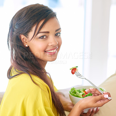Buy stock photo Woman, salad and portrait for healthy food, nutrition and wellness for diet, vegan or organic eating. Young person bowl and smile with fork for tomato and cucumber for detox, fresh lunch and fibre   
