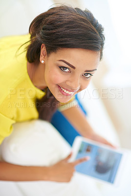 Buy stock photo Female person, tablet and portrait on couch for e learning, fun or online with above, social media and streaming. Woman, house and relax for break, movie and chat with tech, watching or browsing