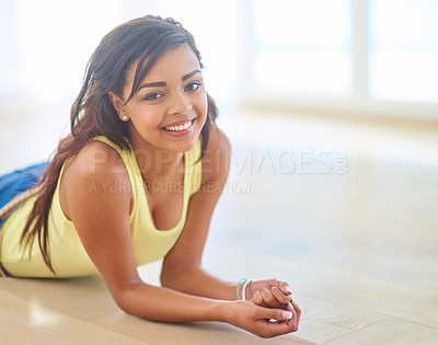 Buy stock photo Portrait, woman or lying to relax, weekend or happy in peace, satisfaction or idea of new apartment. Female student, gen z girl or smile on living room, floor or accommodation to chill on break