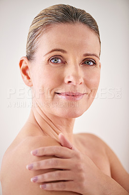 Buy stock photo Model, smile and studio with skincare, portrait and cosmetic with treatment. Mature woman, beauty and luxury with body, cosmetics and care for anti ageing and healthy skin for wellness and confidence