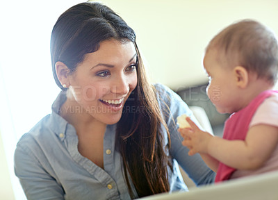 Buy stock photo Mother, baby child and smile by chair for play, bonding and love at table in morning with happiness. Mom, infant kid and happy together in family home for development, learning or care in living room