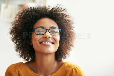 Buy stock photo Portrait, smile and relax woman in home lounge, happy and eyewear for proud lady. Head, confidence and eye wear with mock up space for female person from London, positive in living room or apartment
