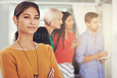 Buy stock photo Creative woman, portrait and team with leadership for meeting, planning or brainstorming ideas at office. Young female person in confidence for startup, group project or creativity at the workplace