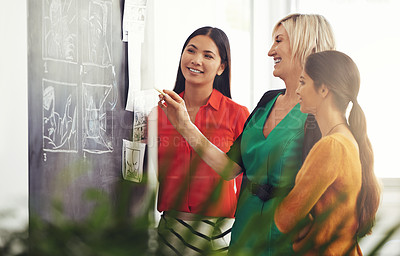 Buy stock photo Happy woman, chalkboard and writing with team in planning, development or meeting at office. Group of creative employees in brainstorming or discussion for project, production or startup at workplace