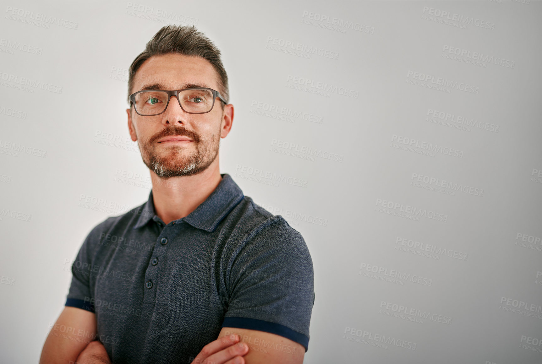 Buy stock photo Mature man, thinking and gray wall background with ideas, brainstorming and glasses with mockup space. Guy, focus and arms crossed with idea, mindset and smile for vision, pride or career by backdrop