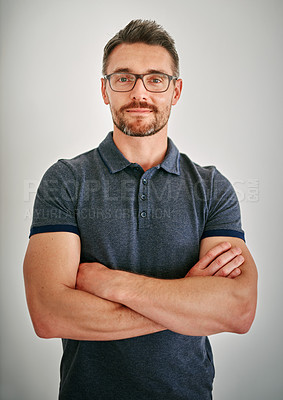 Buy stock photo Portrait, man and confident for career in studio on white background with practice, healthcare and growth. Physiotherapist, mature person and satisfied with commitment, opportunities and goals.