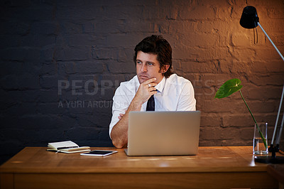 Buy stock photo Thinking, laptop and businessman in office at night working on company stocks investment. Plan, notebook and financial analyst with computer and tablet for profit, revenue or budget report deadline.