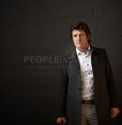 Buy stock photo Brick wall, space and thinking with detective man in coat for crime, investigation or justice. Agency, idea and mockup with mature investigator in dark studio for law, legal security or safety