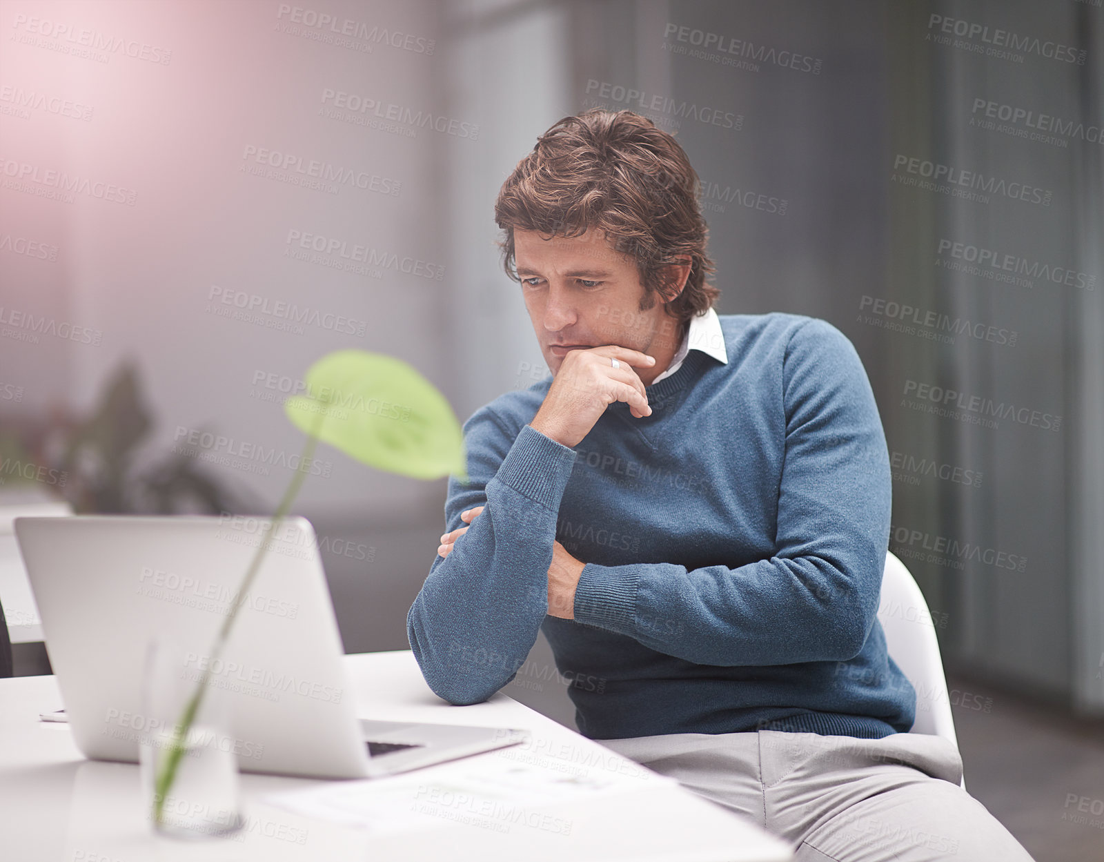 Buy stock photo Business man, thinking and planning on laptop for information technology solution, ideas or decision. Developer or programmer on computer with software problem solving or research in office at night