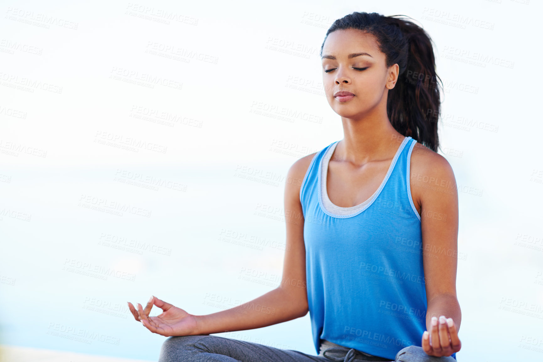 Buy stock photo Outdoor, zen and lotus of woman for meditation, wellness and inner peace with eyes closed. Outside, female yogi and hand gesture for chakra, balance and relax with calm for health in California