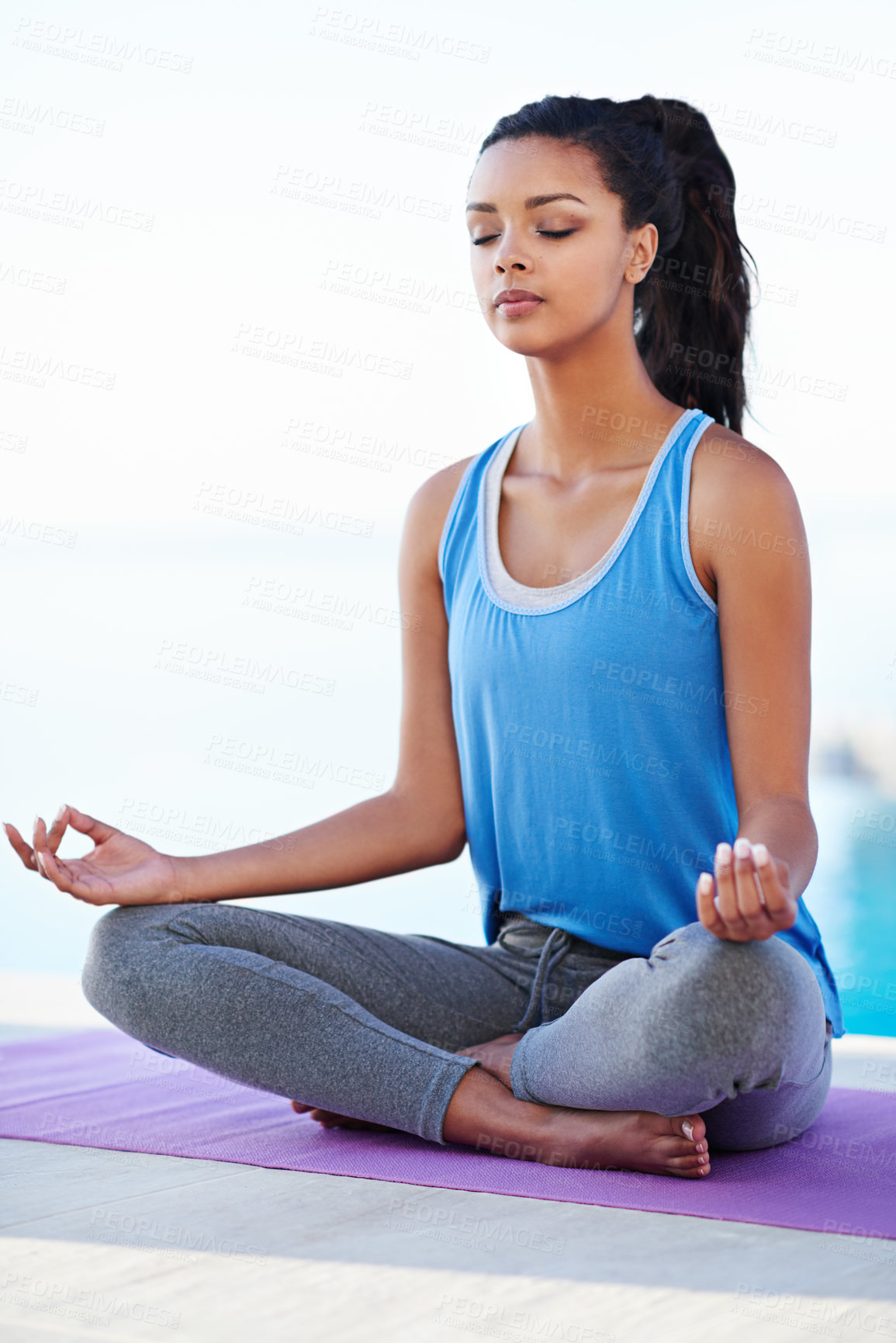 Buy stock photo Outdoor, zen and lotus of girl for meditation, wellness and inner peace with eyes closed. Outside, female yogi and hand gesture for chakra, balance and relax with calm for health in California