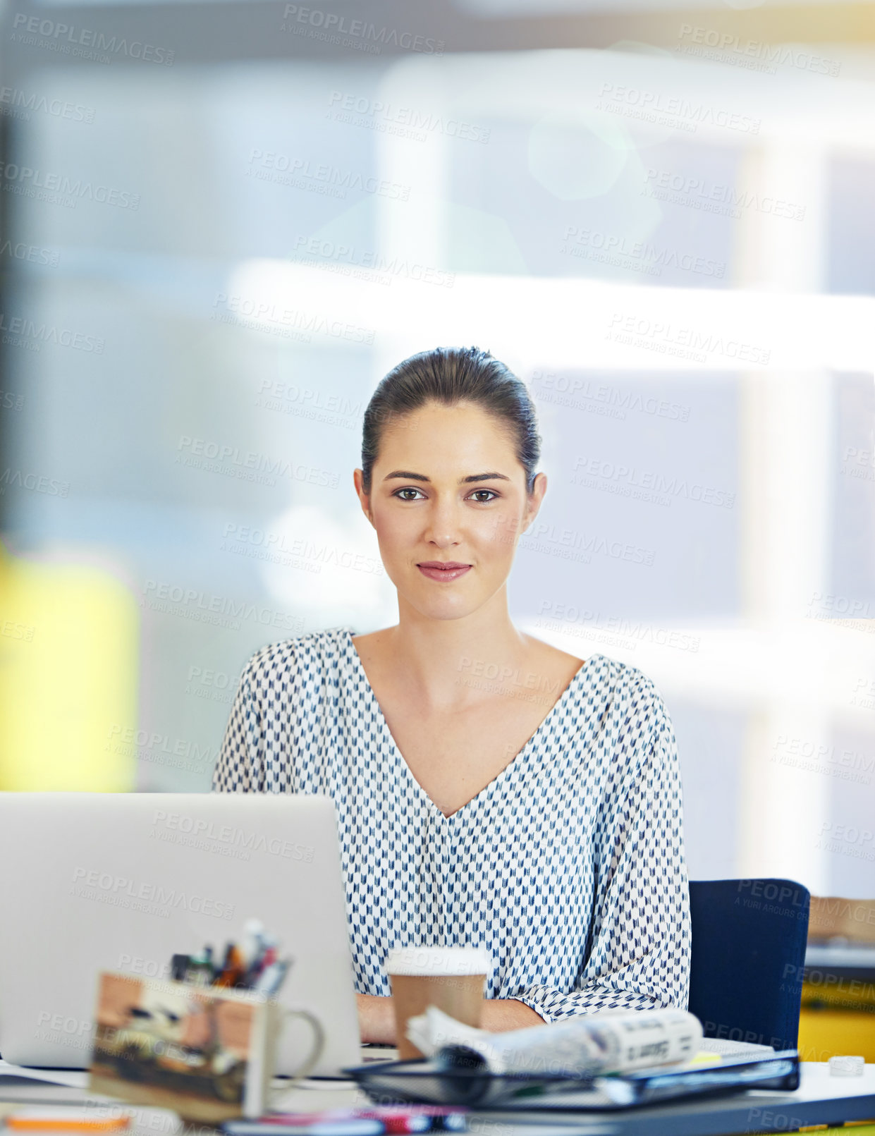 Buy stock photo Portrait, business woman and laptop at desk as serious, professional or administration in financial firm. Female person, corporate and tech for workload, deadline or research as accountant in office