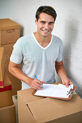 Buy stock photo Man, package and portrait with clipboard for moving, delivery and documents for logistics, smile and invoice. Person, cardboard and boxes with paperwork for service, signature and stock in new house