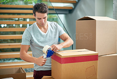 Buy stock photo Man, packing and boxes in house for moving with investment in real estate, new home and tape for package safety. Person, face and cardboard by stairs for storage, cargo and relocating from property