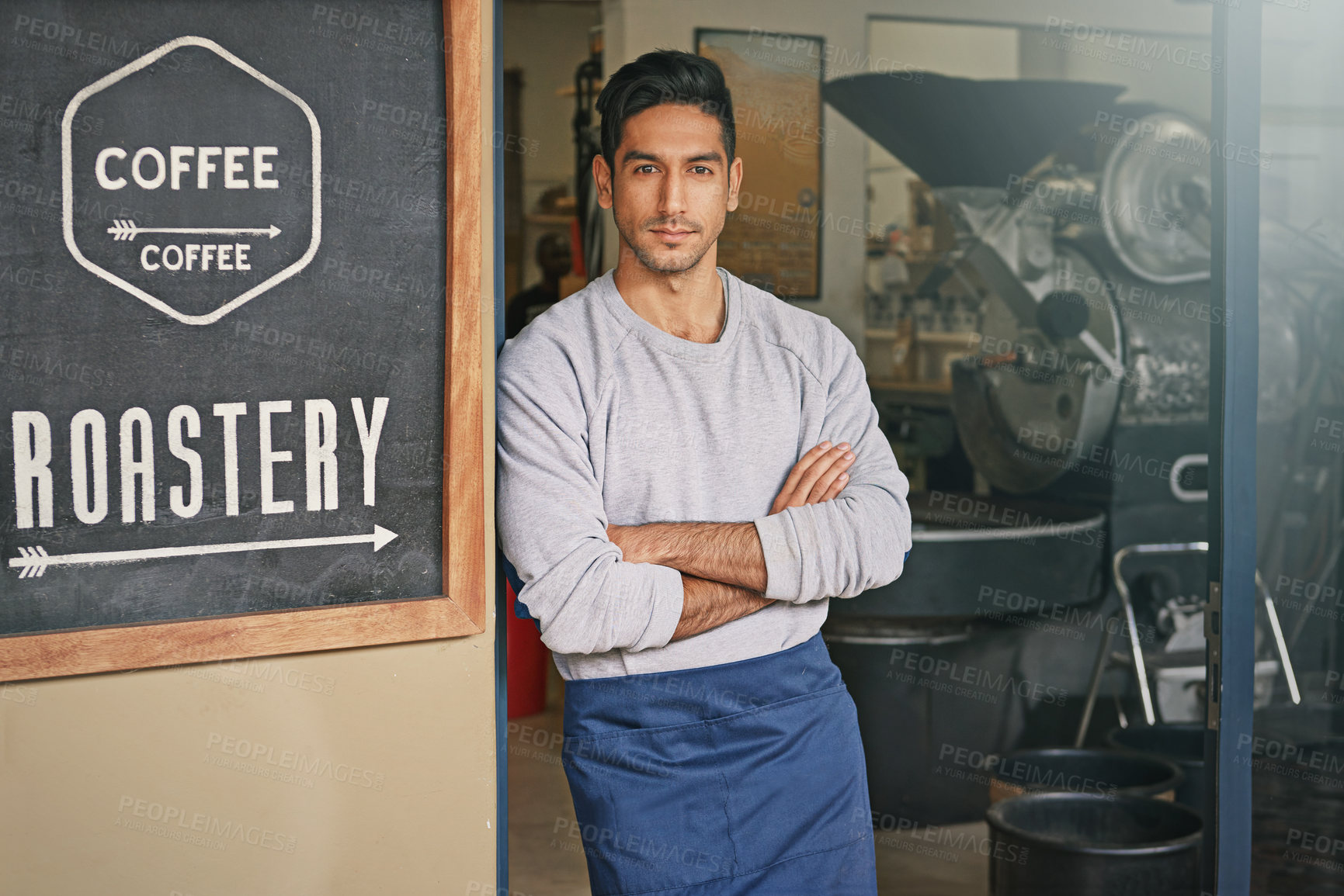 Buy stock photo Barista, coffee shop and man with arms crossed in portrait for small business, owner with confidence and service. Entrepreneur, cafe and drinks with hospitality, professional and server in industry