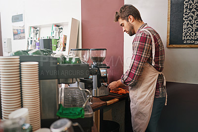Buy stock photo Man, barista and machine in morning in coffee shop with preparation for order, service and catering. Person, server or waiter in cafe for drink, tea or espresso with idea, job and helping in Italy