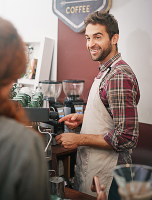Buy stock photo Happy man, waiter and talking to customer in coffee shop with machine for order, service or catering. Barista, client or patron in cafe for drink, tea or espresso with smile, chat or helping in Italy