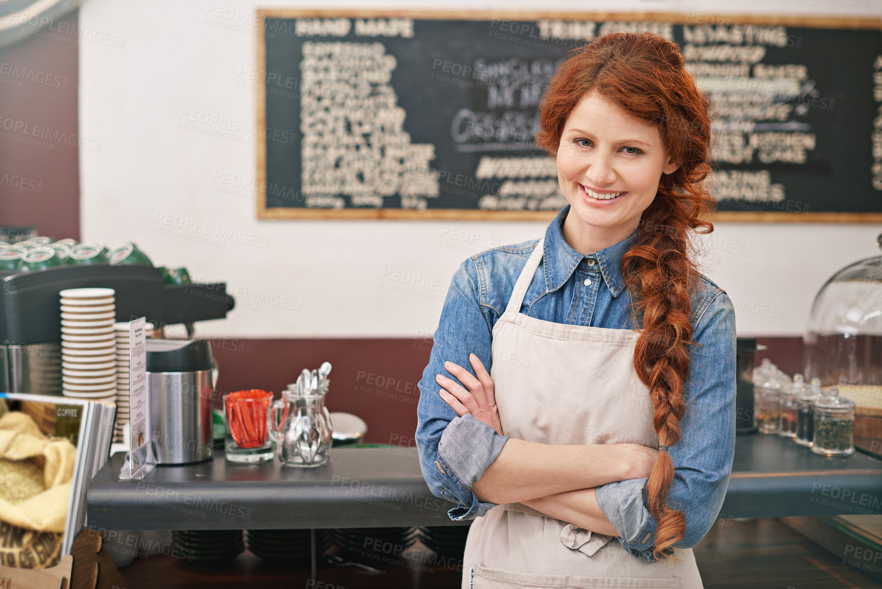 Buy stock photo Portrait, woman and barista with arms crossed, coffee shop and startup success with skills. Face, female entrepreneur and employee with leadership, business development and profit growth in a cafe