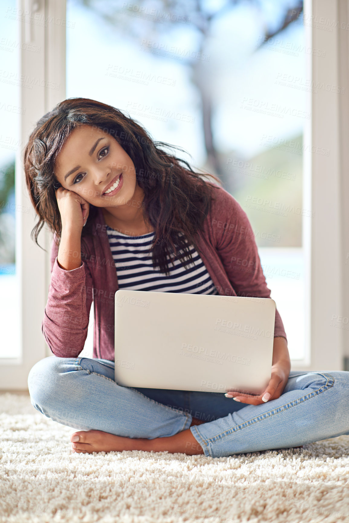 Buy stock photo Laptop, student and portrait of woman on floor, smile and research online in home living room. Technology, internet and social media for female learner in house lounge, study and computer for college