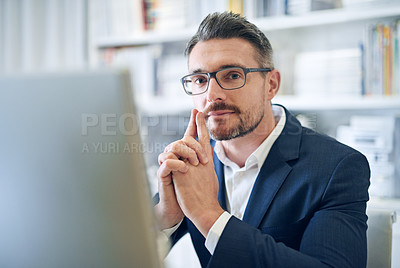 Buy stock photo Portrait, serious and business man in office on computer for career or job in Germany. Face, confidence and professional attorney in glasses, entrepreneur and corporate employee in suit at workplace