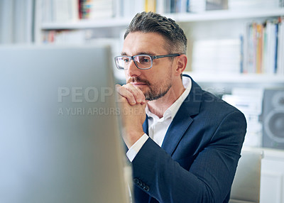 Buy stock photo Ceo, employee and man with focus, reading email and consultant in a workplace, research and search internet. Male person, entrepreneur or mature agent with a pc, concentration and website information