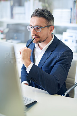 Buy stock photo Corporate, desktop and businessman in office with thinking for policy review, compliance or schedule. Human Resources, tech and professional person with pen for email, planning or administration idea
