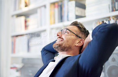Buy stock photo Smile, relax and thinking with business man in office to complete or finish corporate task. Career, happy and idea with mature employee in suit at workplace for contemplation, future or vision