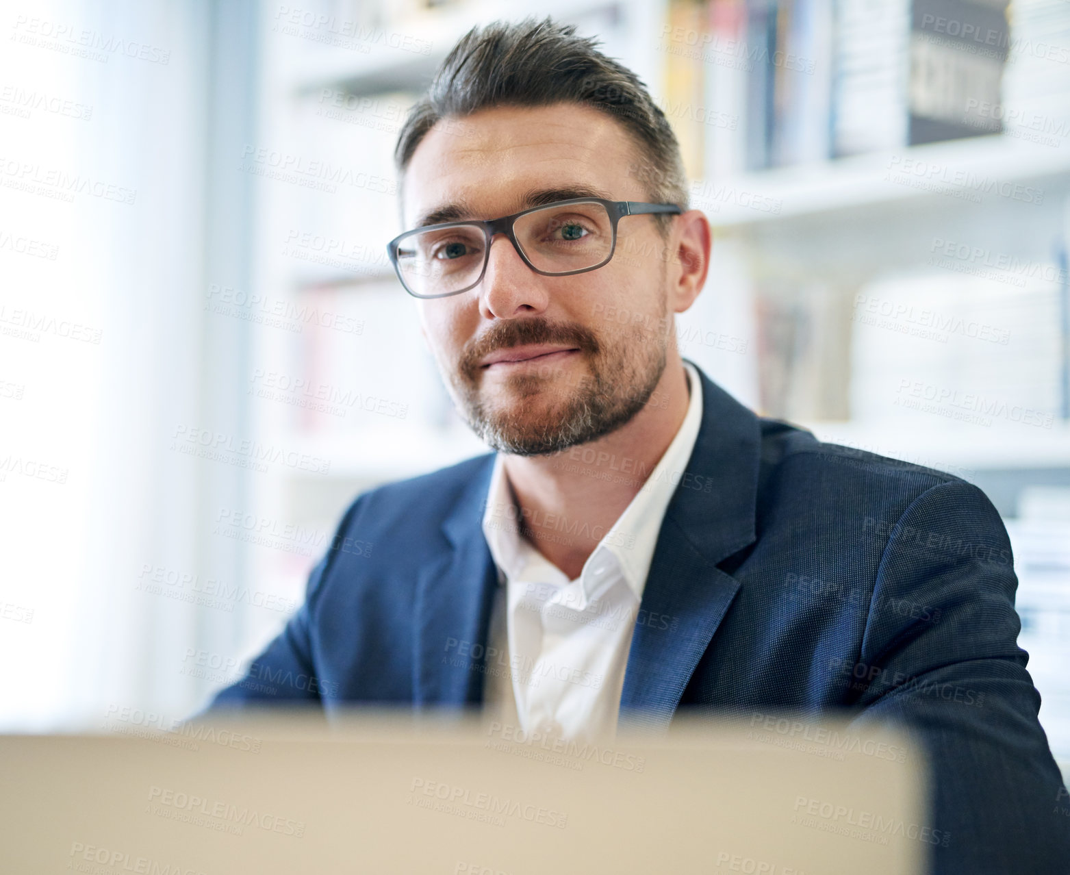 Buy stock photo Portrait, corporate and a businessman with a laptop in an office for an email or online communication. Smile, career and a mature employee with a computer for remote work and connection in a house