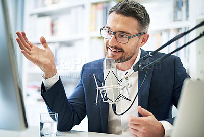 Buy stock photo Laptop, remote work or businessman with microphone in home office for live stream, content or online audience interaction. Podcast, influencer or broker blog for financial, help or stock market guide