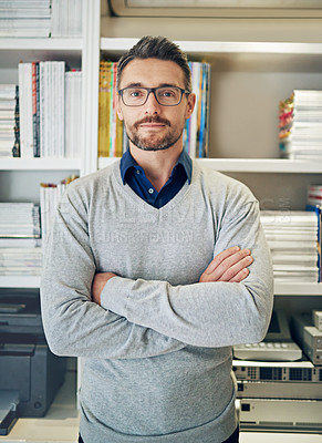 Buy stock photo Portrait, business and arms crossed with mature man in office for administration, career or job. Company, management and confident employee in glasses at workplace with professional attitude